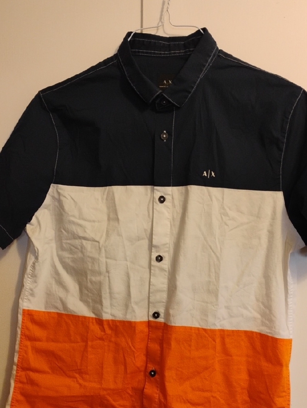 A/X Armani Exchange Navy White Orange Colorblock Short-Sleeve Button-Down Shirt